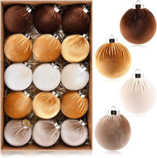 Gold Velvet Christmas Tree Ornaments - 15pcs Shatterproof Christmas Balls for Xmas Trees Decorations - Multicolor Brown Gold Neutral Beige, 80mm 3.15inch