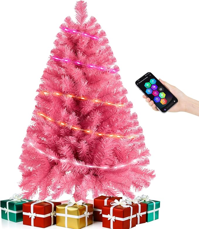 Pink 3ft Christmas Tree with Lights, Small 36inch Artificial Tree Mini Table Top Decorations, Xmas Desk Tree with 80 Colored Lights, 200 Branch, Holiday Decor for Home,Indoor Office Tabletop