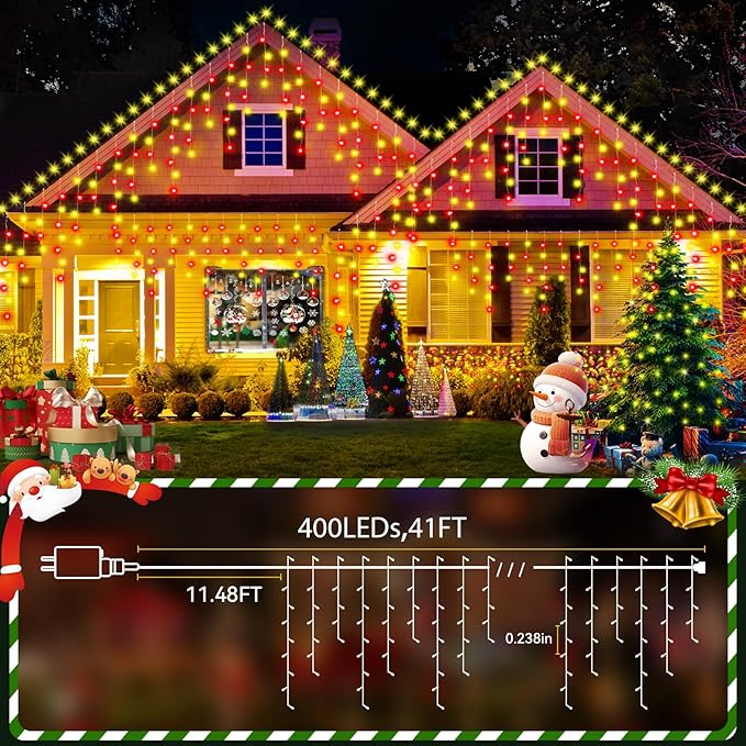 33FT Christmas Lights Outdoor, 400 LED Outdoor String Lights Waterproof Plug in with 8 Modes & Timer, Christmas String Lights for Tree Party, Garden, Holiday Decorations（Red+Warm White）