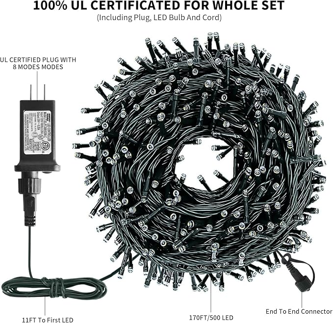 XTF2015 170FT 500 LED Christmas String Lights, Christmas Lights End-to-End Plug 8 Modes - UL Certified - Outdoor Indoor Fairy Lights for Christmas Tree, Garden, Party, Wedding, Holiday (Cool White)