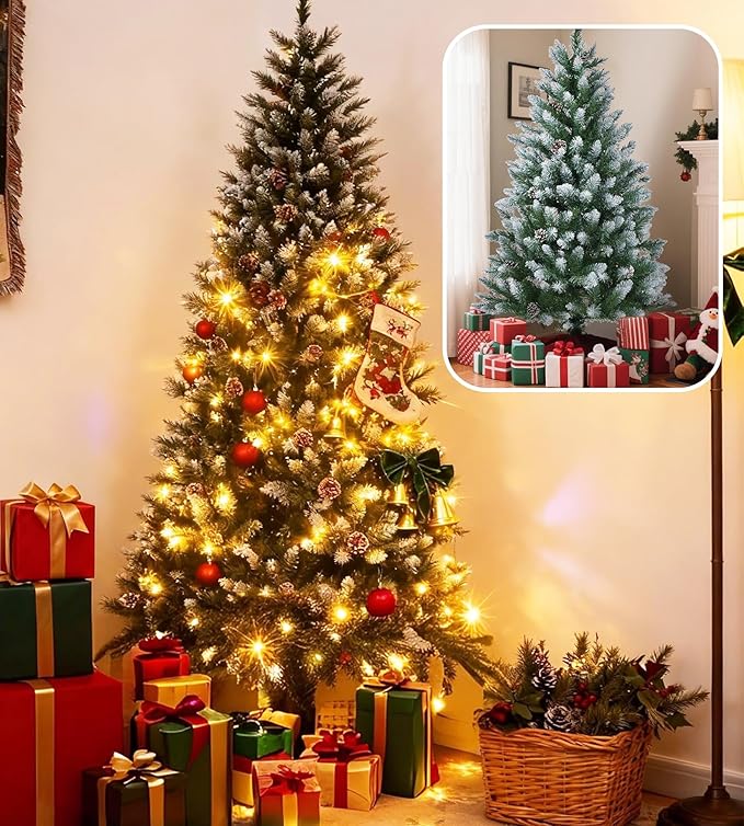 9 ft Pre-Lit Christmas Tree with Pine Cones & 900 LEDs & 1738 Tips - Hinged Stand PVC Holiday Trees Decor for Home/Office/Party