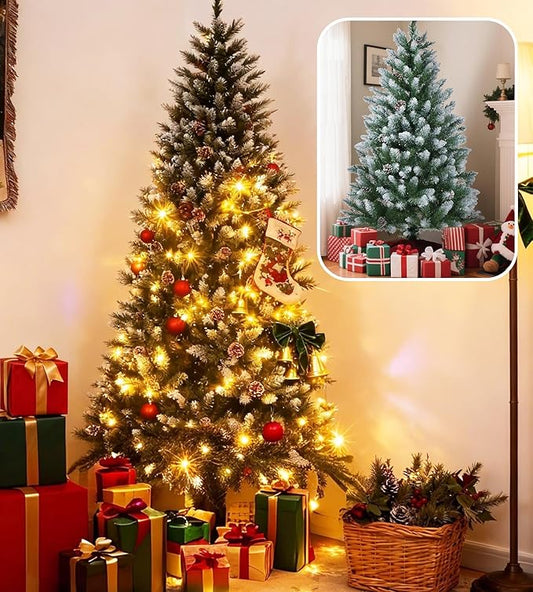 9 ft Pre-Lit Christmas Tree with Pine Cones & 900 LEDs & 1738 Tips - Hinged Stand PVC Holiday Trees Decor for Home/Office/Party