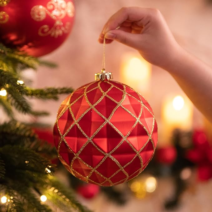 Valery Madelyn Large Christmas Trees Ornament, 4ct 5.9 Inches Red and Gold Shatterproof Christmas Tree Decorations, Luxury Hanging Ball Ornaments Bulk for Xmas Holiday Decor