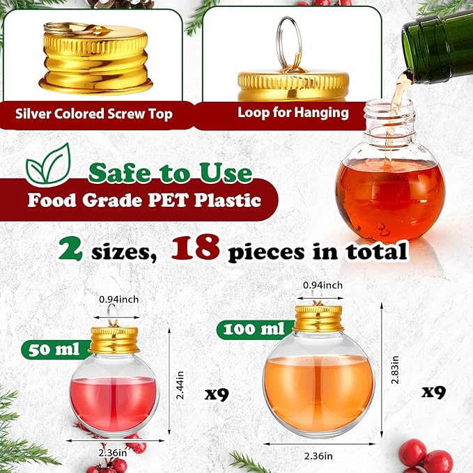 Patelai 18 Pcs Christmas Drink Balls Clear Shot Glass Ornaments Xmas Tree Fillable Ornaments Plastic Xmas Water Bottle Bulbs for Holiday Party Decorations(Round,50 Ml，100 ml)