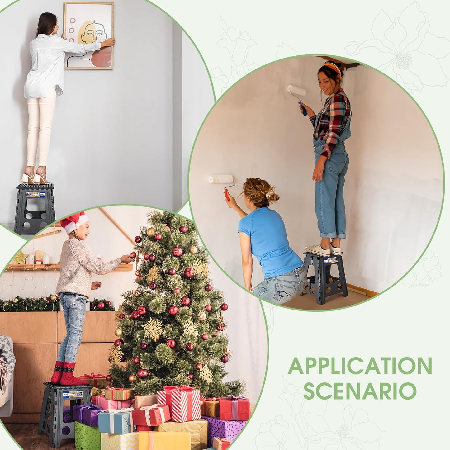 ACKO Folding Step Stool Foldable 16 Inch Stools for Adults and Kids, Plastic Stools Tall 400 lbs Capacity, Collapsible Stool for Kitchen, Stepping Foot Stool with Handle, Dot Grey, 1 PC