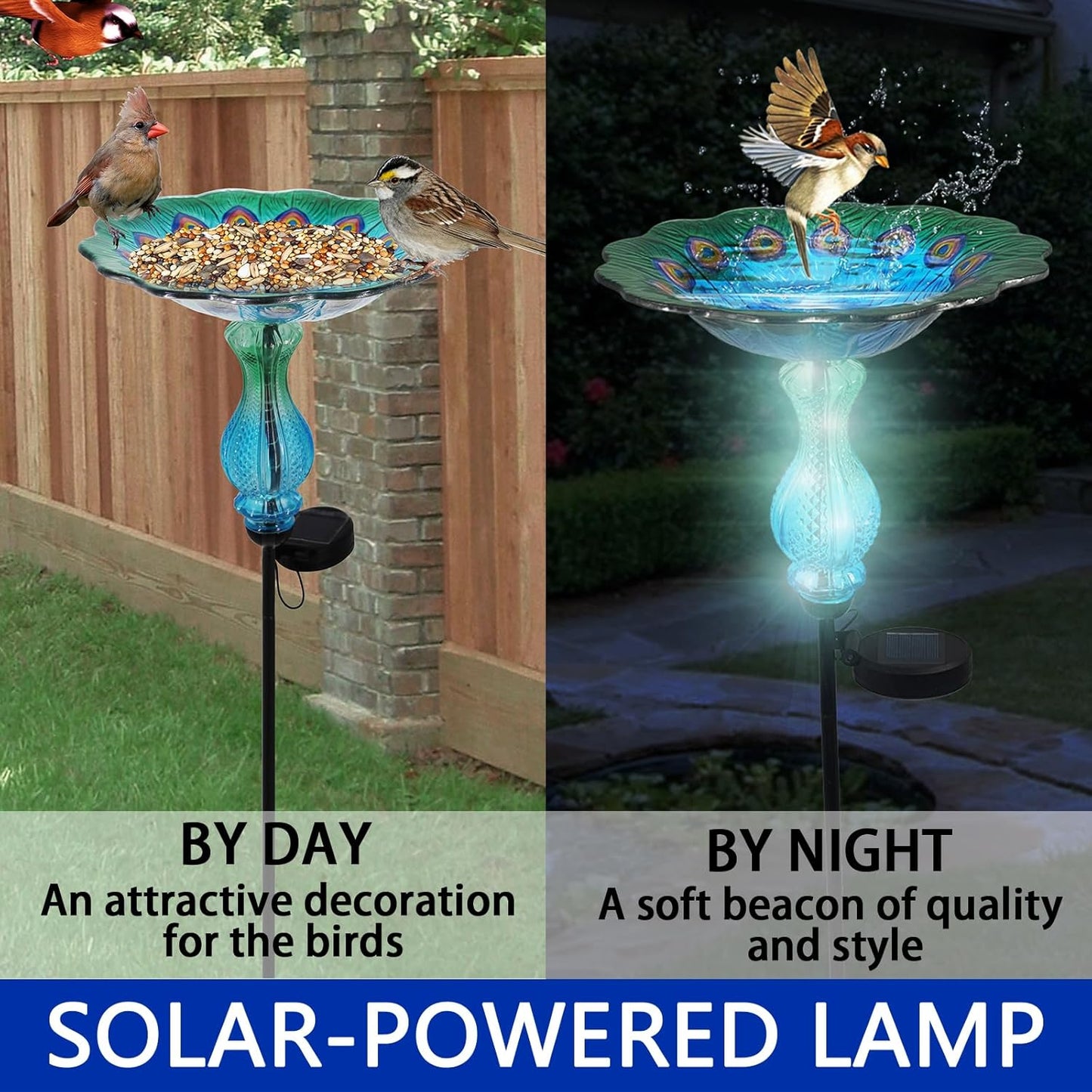 Blue Peacock Ground Stake Solar Bird Feeder for Outside,Bird Pond Outdoor Glass BirdBath with Metal Stake Garden Yard Outdoor, Garden Decoration Yard 32 inches