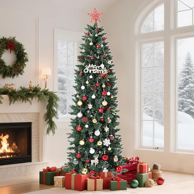 GarveeHome 6 ft Pencil Christmas Tree,Artificial Pre-Lit Christmas Tree,Realistic Xmas Tree Artificial Holiday Decoration for Indoor and Outdoor Use
