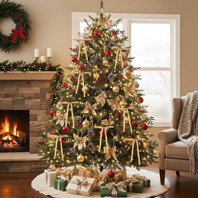 36 Pcs Velvet Christmas Tree Bows Decor, Vintage Wreath Bow for Christmas Garland, Gift Wrapping, Xmas Tree, 3/8'' Wide, 5 * 7 inch (Khaki)