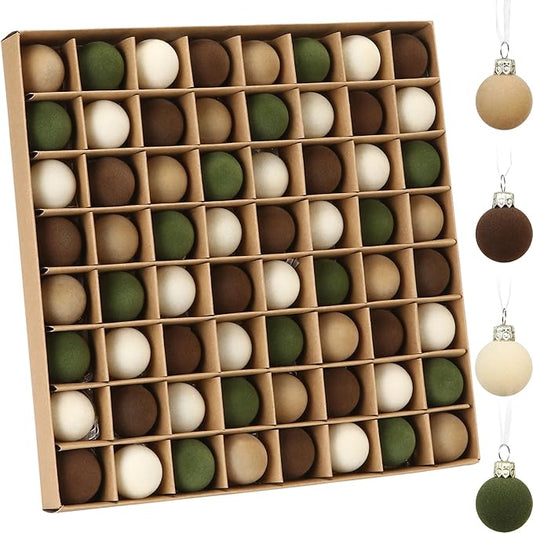 Sea Team 64-Pack Miniature Flocked Velvet Christmas Tree Ball Ornaments Set, Hanging Velour Baubles, Shatterproof Plastic Decorations for Xmas Tree, Wreath, Garland, 30mm/1.18 Inches, Prairie Fall