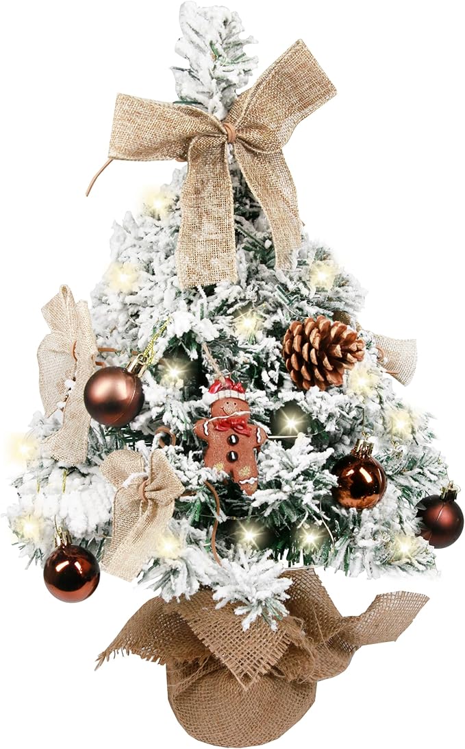 Sunnyglade Mini Christmas Tree, 24 Inch/2 FT Lighted Tabletop Artificial Xmas Tree with Music Box, Gingerbread Man Tag and Decor Ball, DIY Small Tree with LED for Holiday Home Party Decor