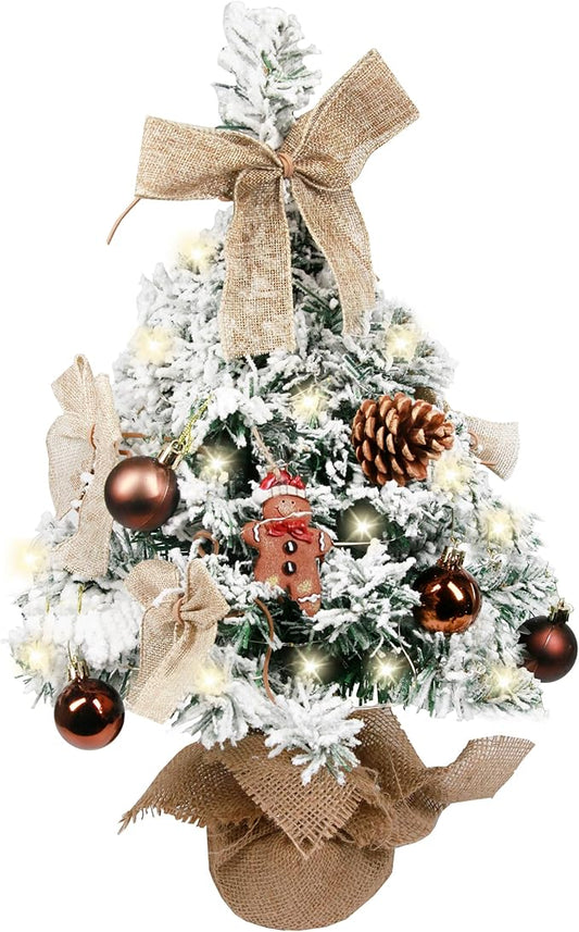 Sunnyglade Mini Christmas Tree, 24 Inch/2 FT Lighted Tabletop Artificial Xmas Tree with Music Box, Gingerbread Man Tag and Decor Ball, DIY Small Tree with LED for Holiday Home Party Decor