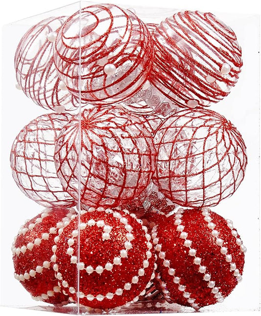 12CT Christmas Ball Ornaments Red Shatterproof Clear Large Plastic Christmas Tree Decoration, Delicate Hanging Ornaments for Xmas Party, Wedding, Holiday and Home Décor(70mm/2.76")