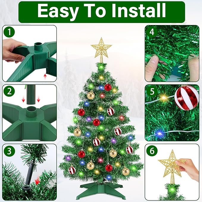 [ 12 Modes & Timer ] 3 Ft Christmas Tree with 50 Warm White, 15 DIY Ornaments, 3D Star Topper Battery Operated Small Christmas Tree for Indoor Home Tables Fireplace Holiday Xmas Christmas Decorations
