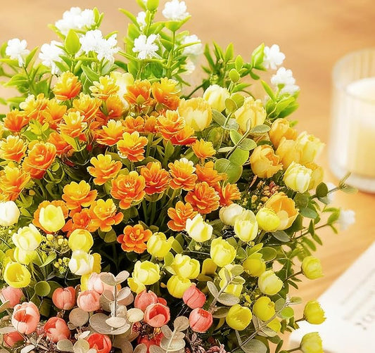 ilauke 7 Bundle Artificial Flowers Outdoor, UV Resistant Fake Flowers in Multicolor, Realistic Faux Flower Roses for Garden Porch Decoration, All Season Fake Plants Bouquet