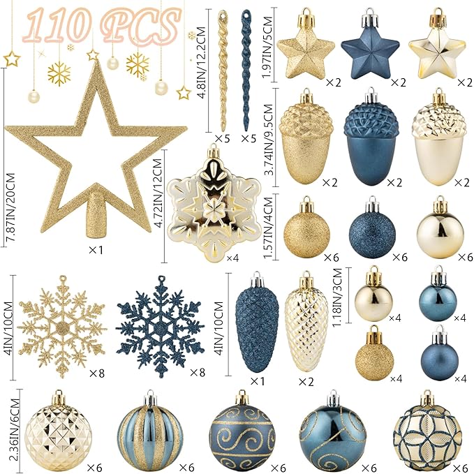 110Pcs Christmas Ball Ornaments Set, Assorted Blue and Gold Christmas Ornaments for Xmas Tree, Shatterproof Plastic Baubles Hanging Decorations for Holiday/Party/Wedding