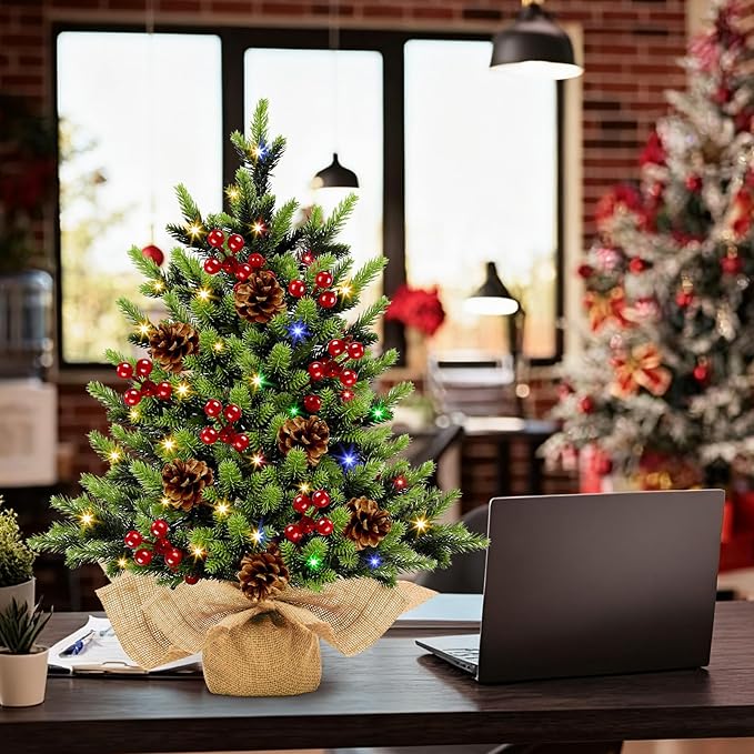 [ 12 Modes & Timer] Christmas Artificial Tree LED Warm Lights Battery Operated Red Berries Pine Cone Burlap Base Indoor Home Christmas Decorations