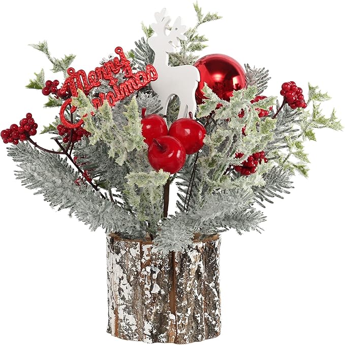 Super Holiday Small Winter Christmas Tree, Artificial Mini Tabletop Christmas Tree Decorations with Christmas Ornaments, for Home Party Thankgivings Christmas Decor, Red-Indoor.