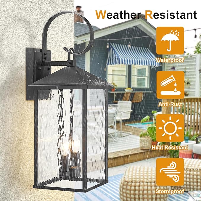 Large Outdoor Wall Lights Fixtures Wall Mount, 21.65" Large Outdoor Lanterns for Porch Light Fixture 2-Light, Modern Exterior Lighting Fixtures with Water Ripple Glass for Outside Patio