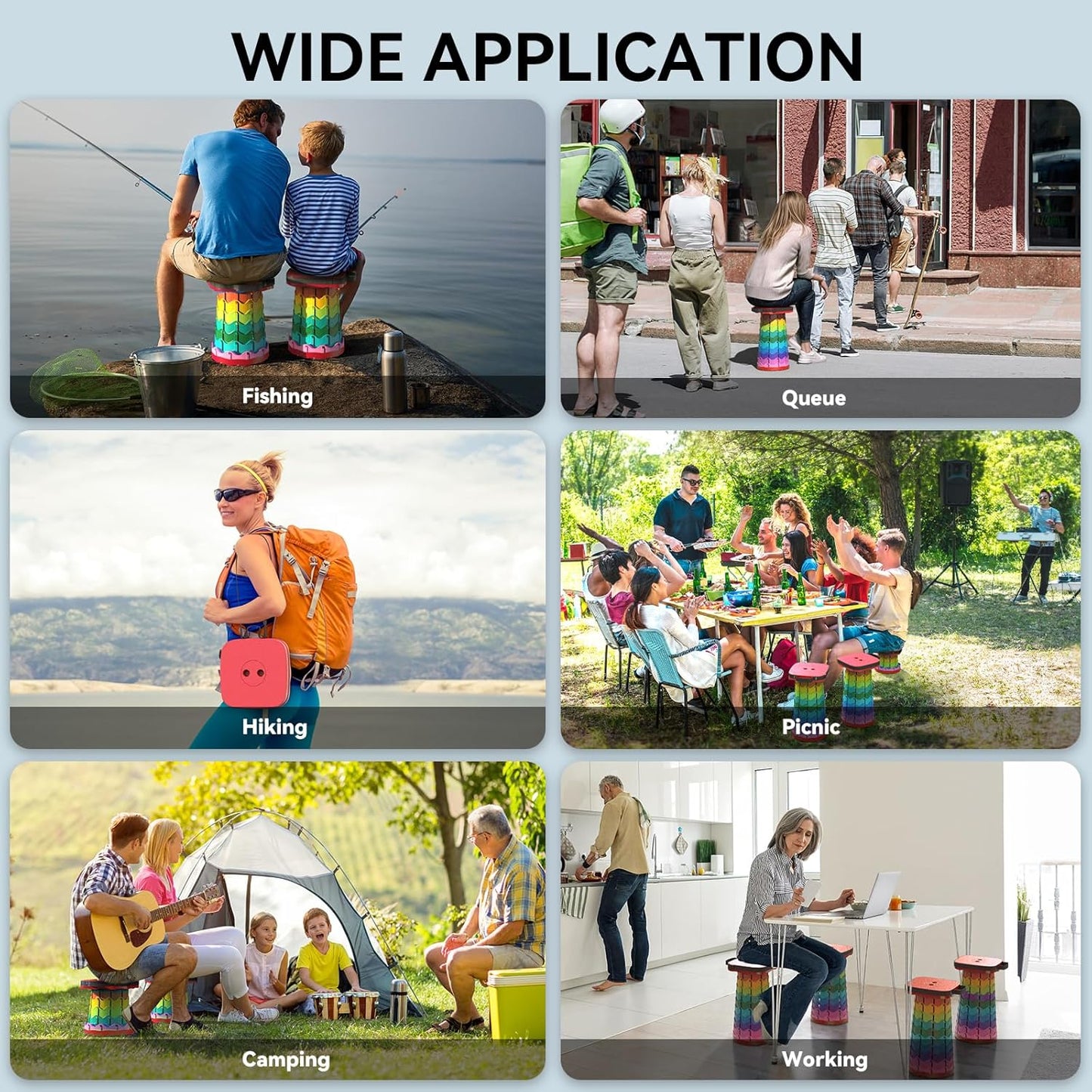 Upgraded Collapsible Stool, Portable Folding Stool, Telescoping Camping Chair with Max Load Capacity 485lbs, Square Retractable Stool for Camping Gardening Fishing Hiking BBQ [Rainbow+Red]