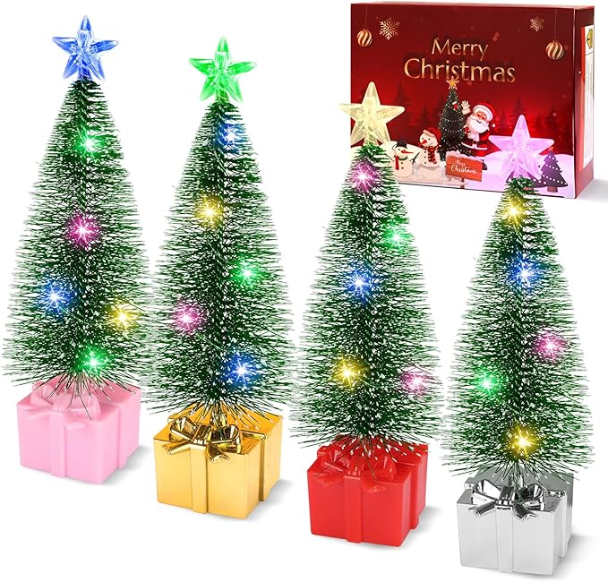 Mini Christmas Tree with Lights, 4 Pack Tabletop Christmas Tree with LED Lights for Indoor Christmas Decorations Holiday Party Ornagment, Christmas Centerpieces for Tables (4)