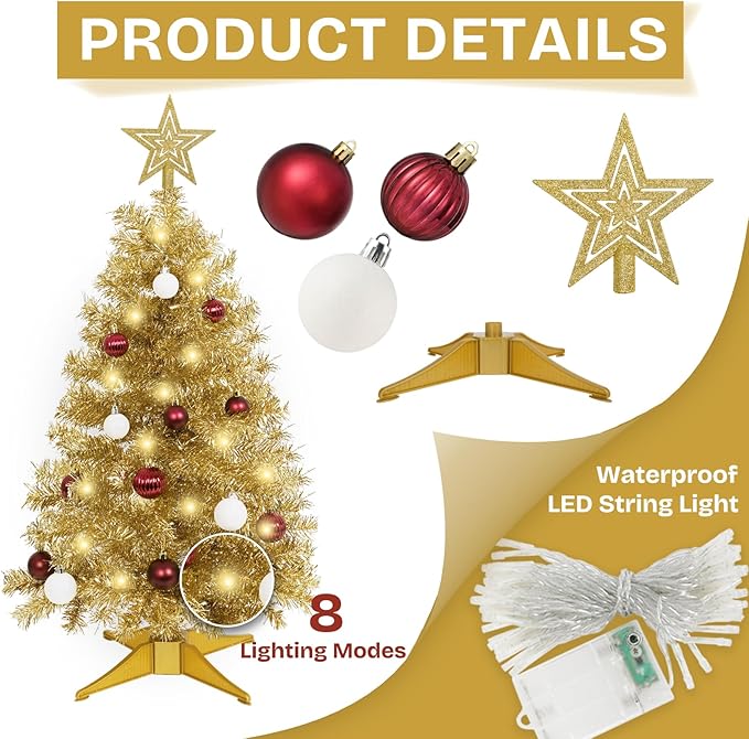 Sunshine Champagne Christmas Tree with Light 3ft Artifical Full Christmas Tree with Ball & Star Ornaments 8 Lighting Modes for Holiday Decor