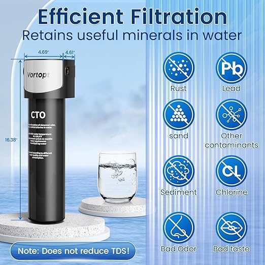 Vortopt Under Sink Water Filter System,NSF/ANSI 42 Certified Water Purifier,28000 Galloons Large Flow Flux,Reduces PFOA/PFOS,Chlorine,Bad Odors,Direct Connect to Kitchen Faucet (Black-Q5-C2-28000GAL)