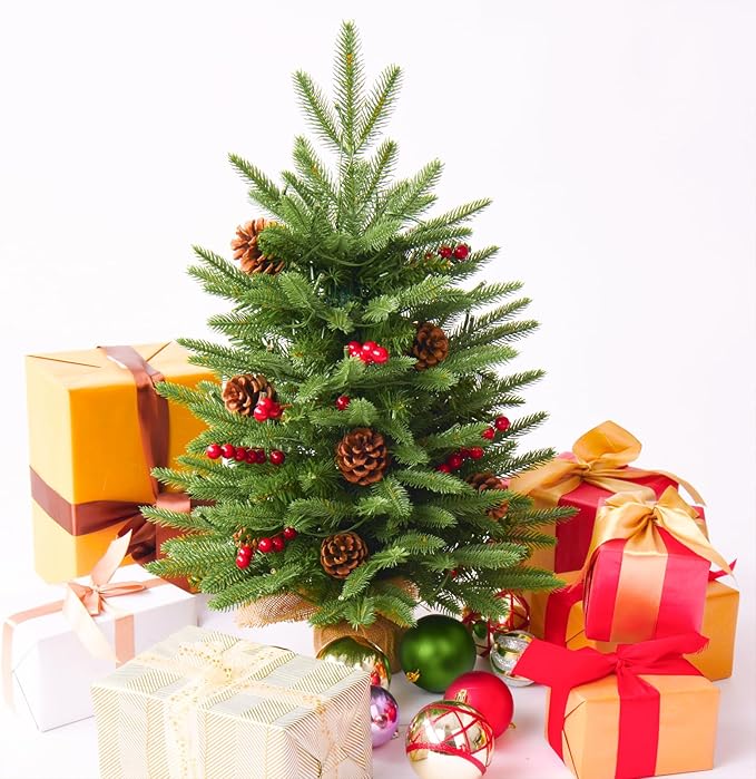 2FT Pre-lit Artificial Small Mini Christmas Tree with Warm White Multi-Color LED Lights, Timer Battery Operated, Perfect for Xmas Tabletop Decorations, Home, Kitchen, Dining Table top Green