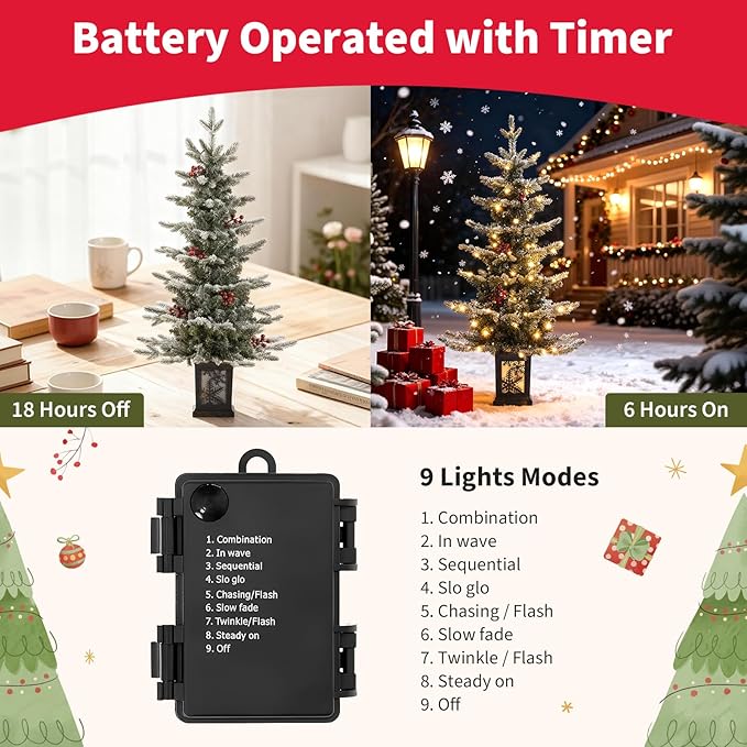 Small 3.5 FT Pre-Lit Christmas Tree with Ligths Snow Flocked Tabletop Christmas Tree with Sleigh Base for Home Office Xmas Decor, Battery Operated and Timer Function