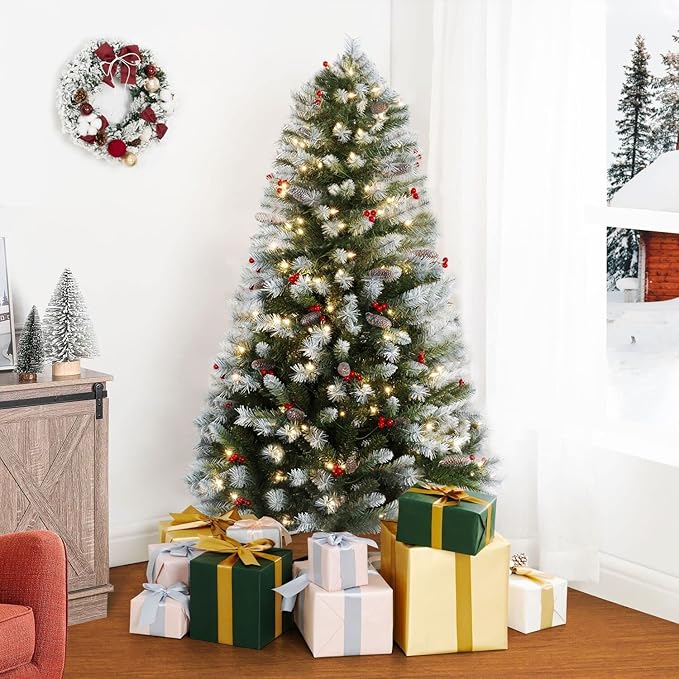 Naomi Home 4.5ft Vancouver Pre-Lit Artificial Christmas Tree with Pine Cones, Faux Berries, Foot Pedal, 398 Branch Tips, 200 Warm Lights and Metal Stand, 33" wide