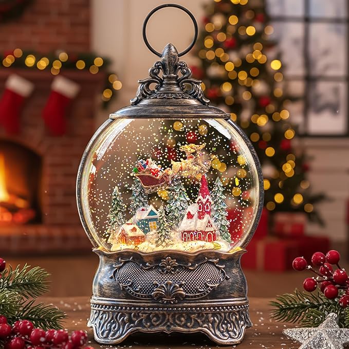 Christmas Snow Globe Lantern with Santa Claus is Coming in his Sleigh!Lighted Swirling Glittering Snow Globes with Music & Timer, Christmas Decorations for Home Tabletop Indoor Gifts