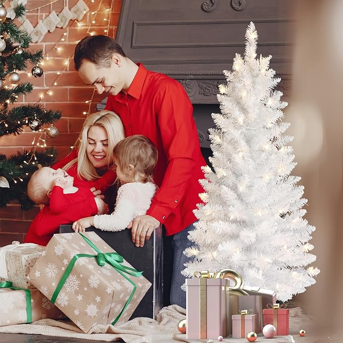 4ft Artificial Full White Christmas Tree with Separate Lights, Not Pre-lit Mini White Tinsel Pine Christmas Tree, 50 Lights, Small Xmas Tree for Home, Office, Party Decoration, Indoor