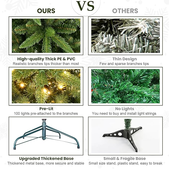 6ft Pre-Lit Artificial Pencil Green Christmas Tree with Warm White 300 LED Lights, Hinged Realistic Slim Xmas Tree w/Sturdy Metal Stand, 850 Tips for Home, Office, Party Decoration Indoor