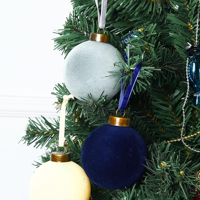 24 Pcs Velvet Christmas Balls Bulk Shatterproof Plastic Christmas Tree Decorations for Decorative Hanging Baubles (24, Beige、Haze Blue、Navy Blue, 2.36Inch)
