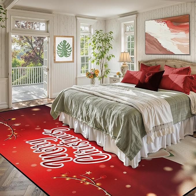 Christmas Area Rug 6' x 9' Red Snowflake Washable Rugs for Bedroom Non Slip Kitchen Rug Christmas Tree Indoor Carpet for Kids Room Dining Room Entryway