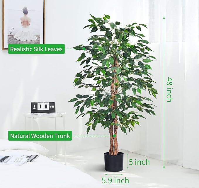 2Packs 4FT Artificial Ficus Tree, Fake Plants with Sturdy Plastic Nursery Pot,Faux Ficus Trees for Home Office Living Room Indoor Outdoor Decor Perfect Housewarming Gift (4FT-2Packs)