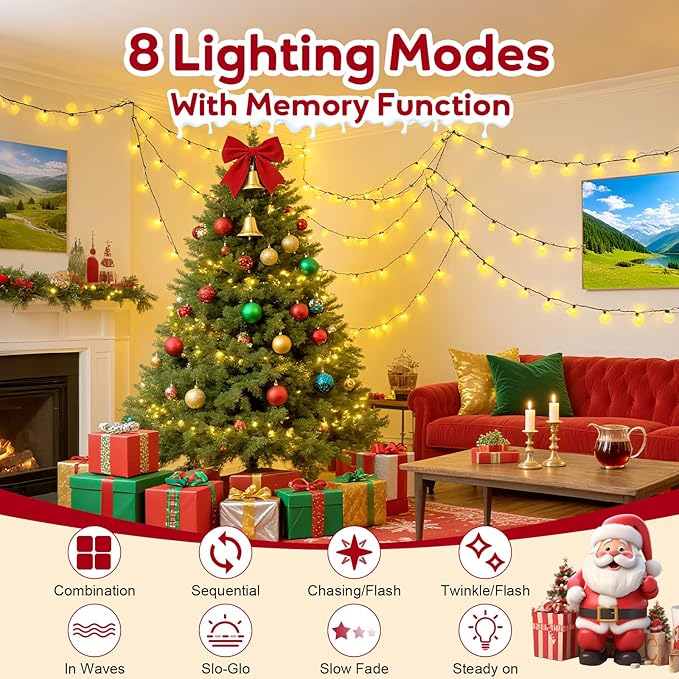 Hishine 164FT 1000LED Christmas Lights Outdoor String Lights Indoor 8 Modes Waterproof Plug in Christmas Tree Light for Holiday, Warm White