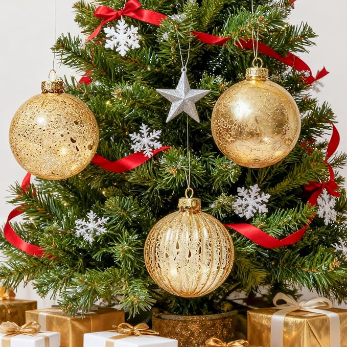 DN DECONATION Mercury Glass Christmas Ornaments, Vintage Teardrop & Ball Ornament, Decorative Hanging Finials Decor for Xmas Tree, Winter Wedding, Party, Holiday Home (10-Pieces, Champagne Gold)