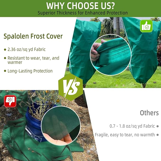 2 Pack Plant Covers Freeze Protection, 48"W x 72"H Winter Frost Blanket 2.36 oz/yd² Fabric Frost Cloth Tree Covers Shrub Jacket Bag with Zipper & Drawstring for Plants Fruit Tree Shrub Potted - Green