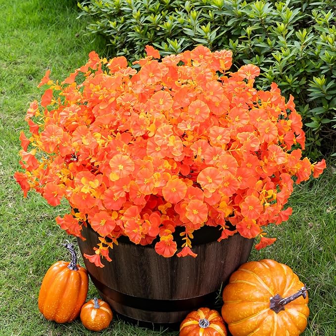 Lnoicy Artificial Flowers for Outdoor 12 Bundles Eucalyptus Fake Flowers for Planter,UV Resistant Fake Morning Glory for Home/Porch/Garden Decoration (Fall Red)