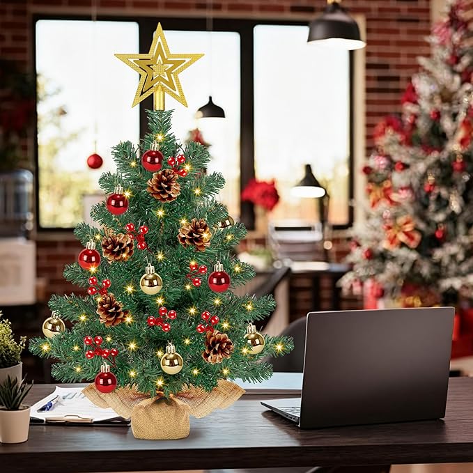 [ Timer & 8 Modes] 24 Inch Artificial Mini Christmas Tree with 50 Warm White Lights Star Treetop and Ornaments Small Tabletop Christmas Tree for Indoor Home Table Christmas Decorations