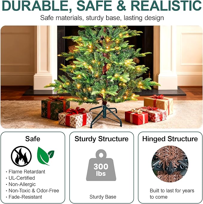 7FT Prelit Artificial Christmas Tree, Premium Douglas Fir Christmas Tree with 400 Warm White Lights & 960 Branch Tips, PE & PVC Pre Lit Hinged Xmas Trees with Metal Base for Party, Holiday Decoration