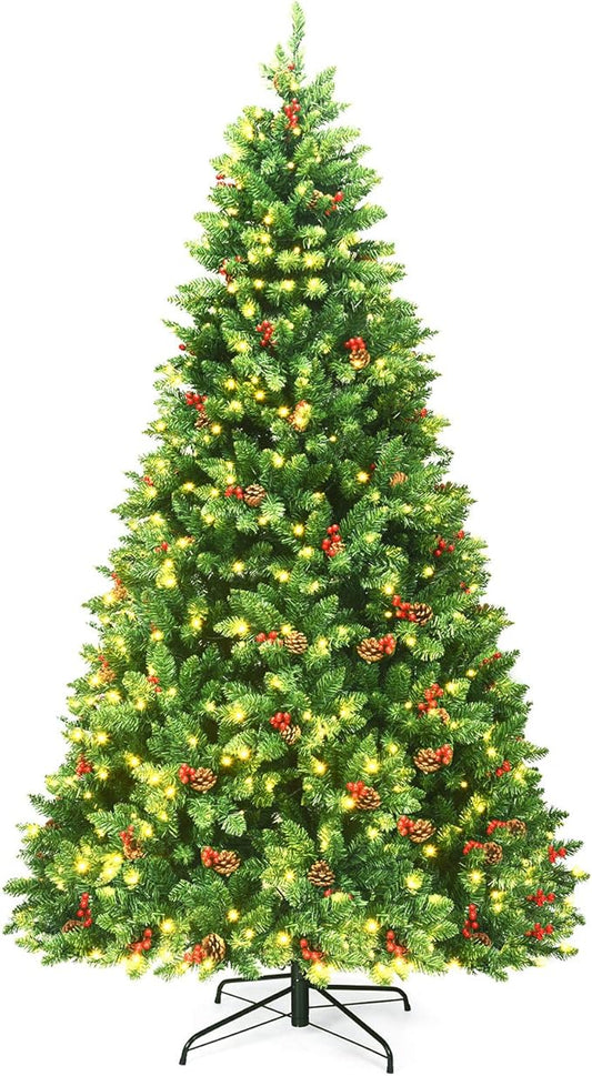 GOFLAME 7.5FT Pre-Lit Christmas Tree with 1526 Branch Tips, Premium PVC Needles, Hinged Artificial Christmas Tree w/Sturdy Metal Stand, Pine Cones and Red Berries for Home, Office, Shops and Hotels