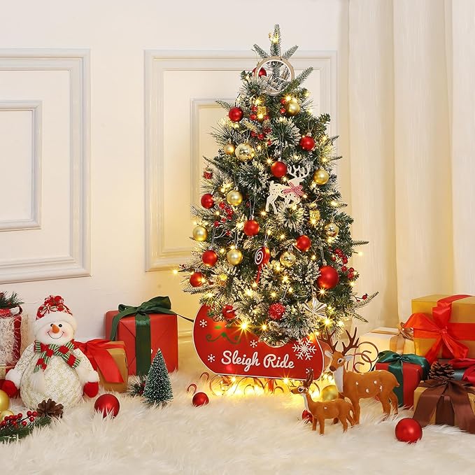 GarveeHome 3 ft Christmas Tree with 78 Lights, Pre-Lit Artificial Desktop Xmas Tree with 8 Mode Includes Red Berries & Sleigh Base,Christmas Decoration for Home, Office,1 PCS