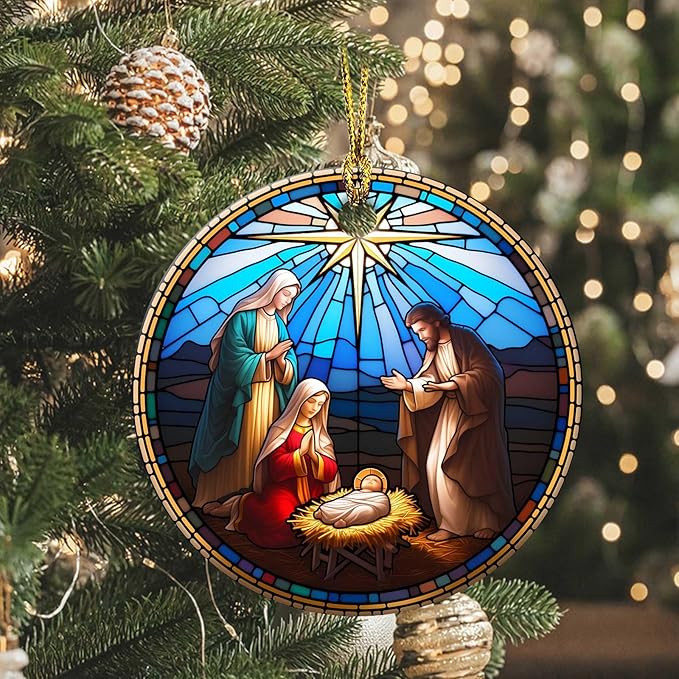 Nativity Night Ornaments Round Ceramic Stained Glass Style Birth of Jesus Christ Hanging Ornament Christmas Keepsake Decor for Xmas Tree Winter Holiday Xmas Gift for Women Men 3"