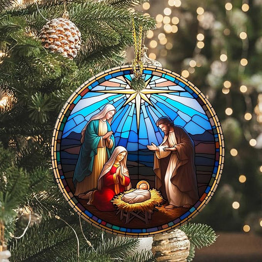 Nativity Night Ornaments Round Ceramic Stained Glass Style Birth of Jesus Christ Hanging Ornament Christmas Keepsake Decor for Xmas Tree Winter Holiday Xmas Gift for Women Men 3"