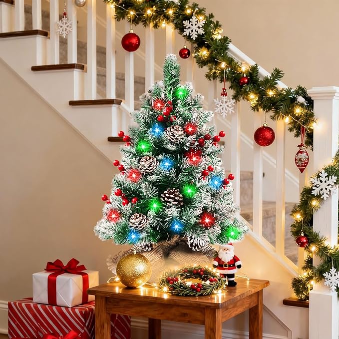 Pre-lit Mini Christmas Tree 20 Inch Small Tabletop Xmas Tree with 30 LED String Lights Locking Snow Frost Tips Berries Wood Base Ornaments Tabletop Artificial Pine Tree for Christmas Decoration