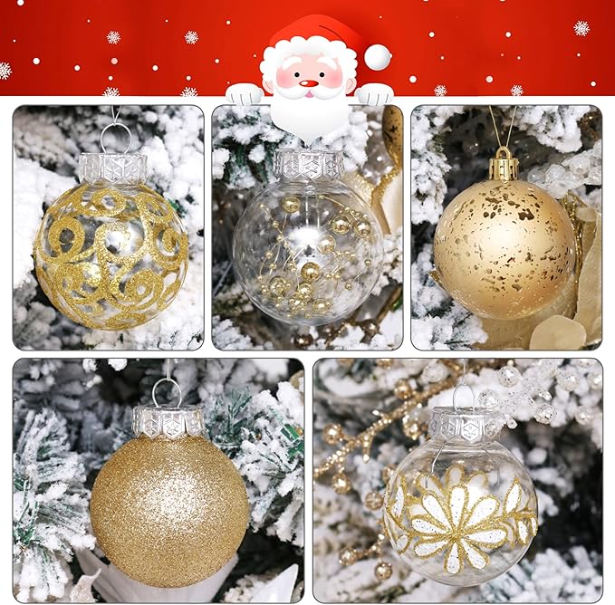 60mm/2.36inch Clear Christmas Ball Ornaments Set, 30ct Champagne Gold Christmas Ornaments Ball for Christmas Tree Decoration Shatterproof Transparent Baubles with Stuffed Decoration for Wedding Party