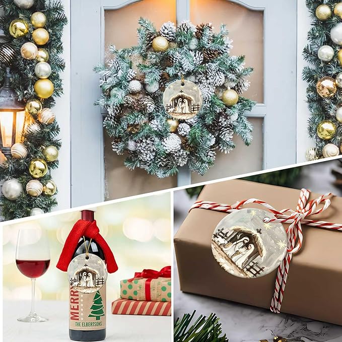 Nativity Night Ornaments Round Nativity Scene Ceramic Stained Glass Style Birth of Jesus Christ Hanging Ornament Christmas Keepsake Decor for Xmas Tree Winter Holiday Xmas Gift for Women Men 3"