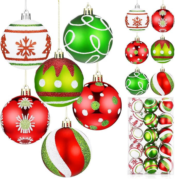 Leyndo 30 Pcs Christmas Ball Ornaments 2.4 Inch Lime Green Red White Whimsical Christmas Tree Decorations Glitter Elf Polka Dot Stripes Swirl Peppermint Candy Cane Xmas Bulbs for Tree(Classic Style)