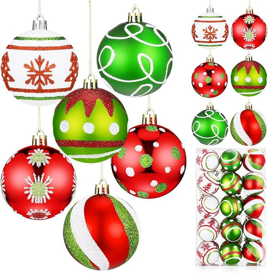 Leyndo 30 Pcs Christmas Ball Ornaments 2.4 Inch Lime Green Red White Whimsical Christmas Tree Decorations Glitter Elf Polka Dot Stripes Swirl Peppermint Candy Cane Xmas Bulbs for Tree(Classic Style)